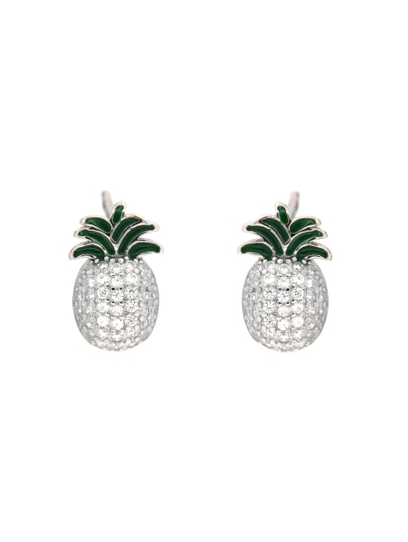 Pendientes de presión piña con circonitas blancas y hojas verdes