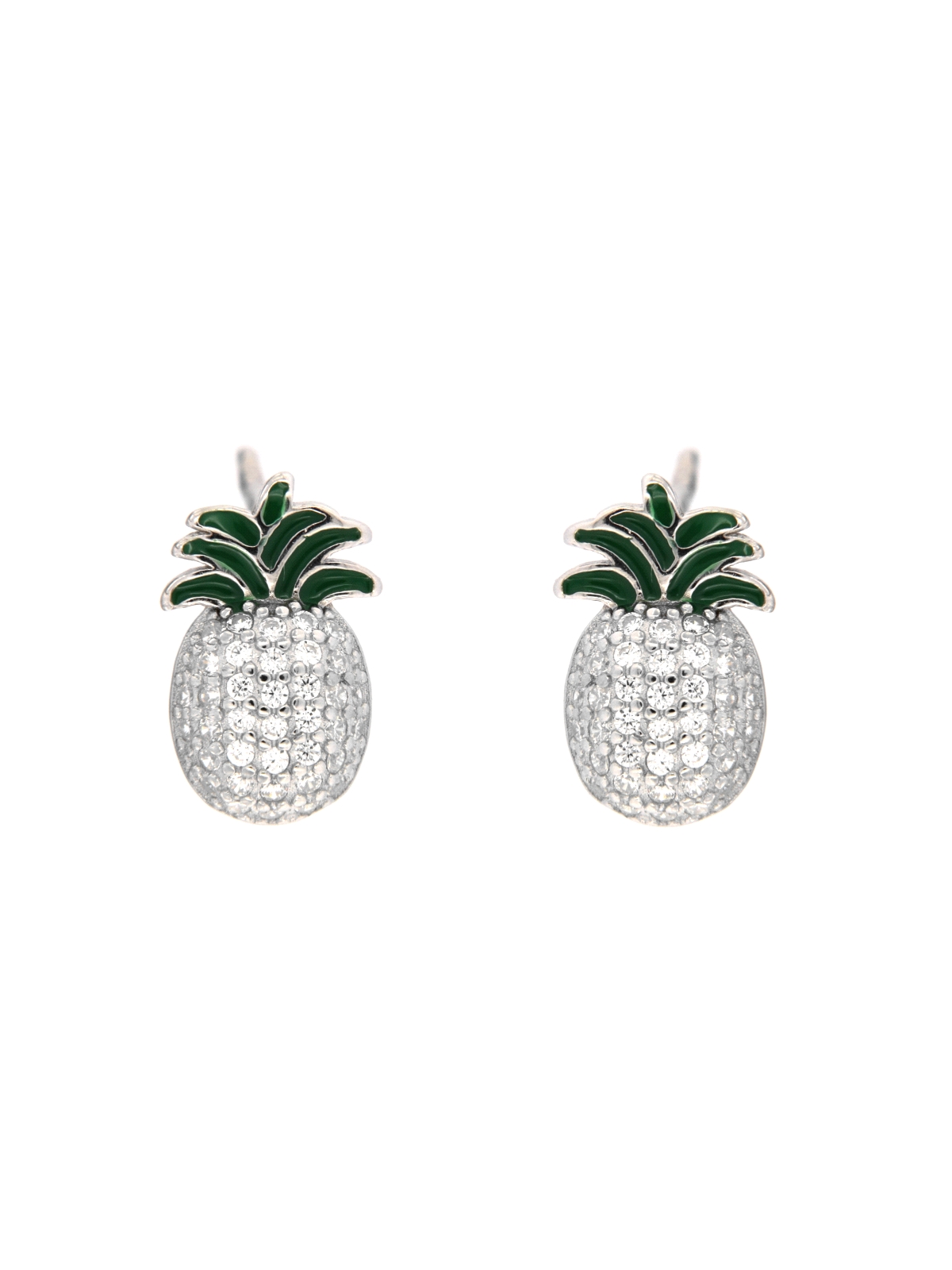 Pendientes de presión piña con circonitas blancas y hojas verdes