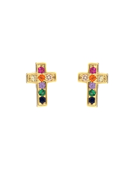 Pendientes de presión cruz dorada con circonitas multicolor