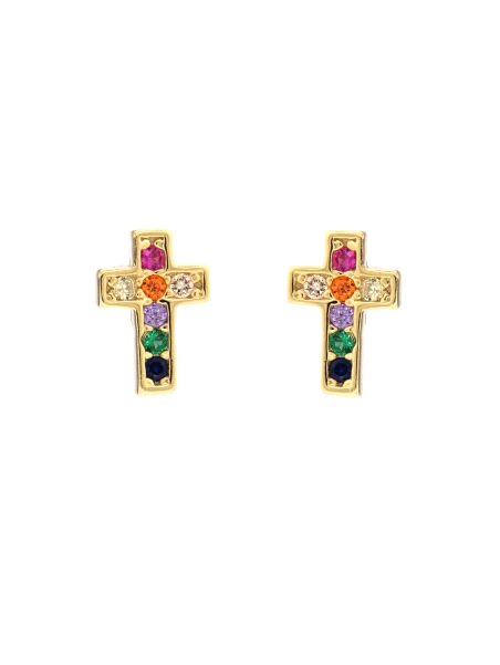 Pendientes de presión cruz dorada con circonitas multicolor
