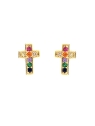 Pendientes de presión cruz dorada con circonitas multicolor