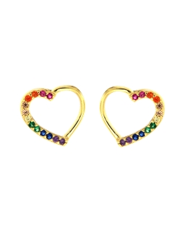 Pendientes de presión dorados corazón con circonitas de colores en Plata de Ley 925