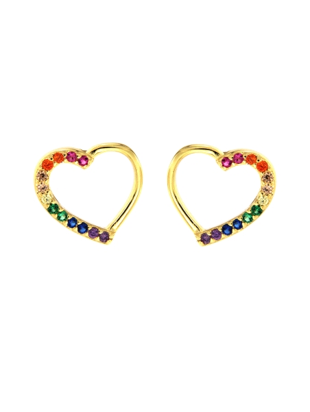 Pendientes de presión dorados corazón con circonitas de colores en Plata de Ley 925