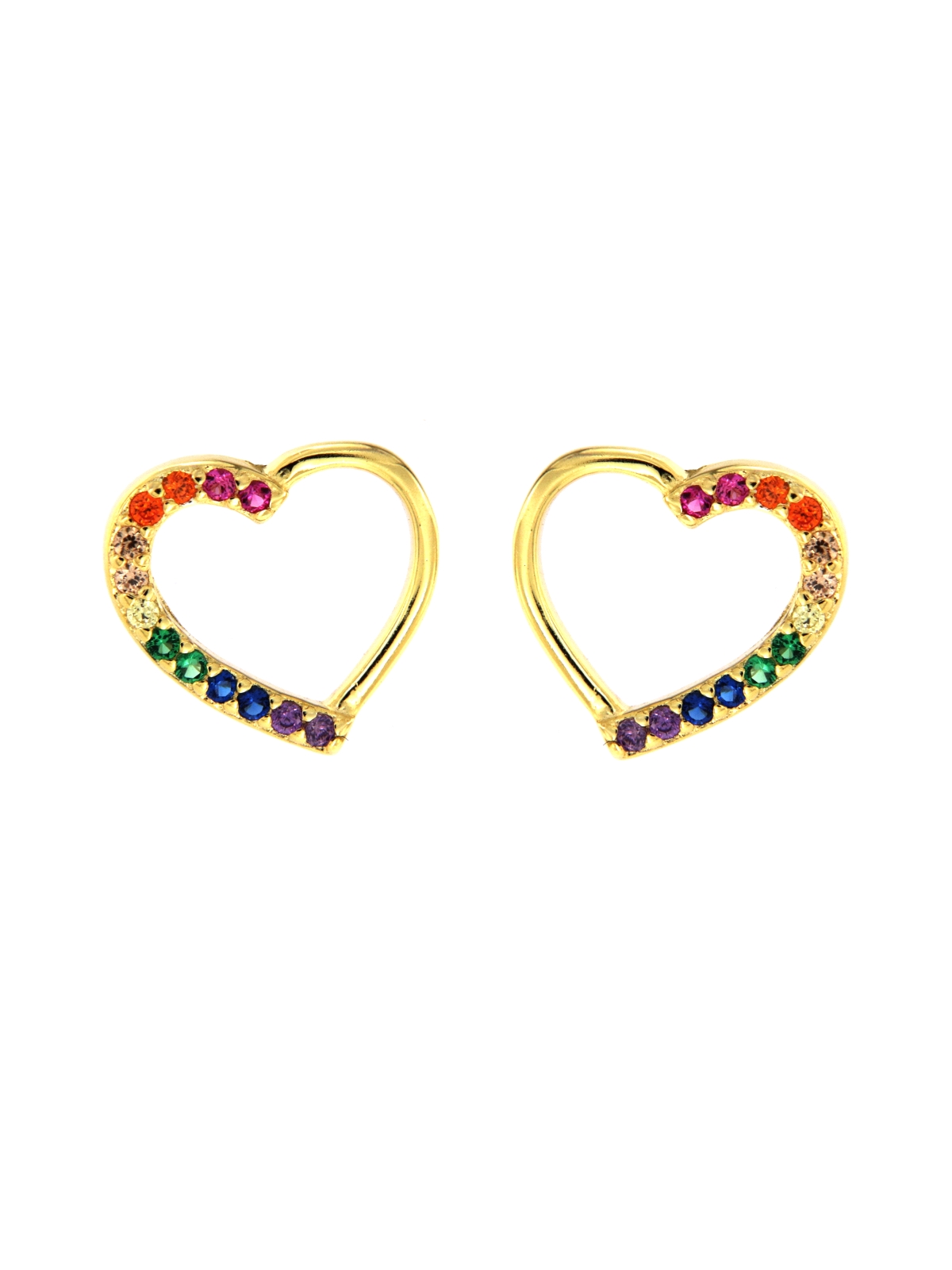 Pendientes de presión dorados corazón con circonitas de colores en Plata de Ley 925