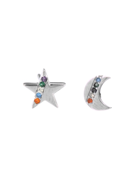 Pendientes de presión asimétricos estrella y luna con circonitas de colores