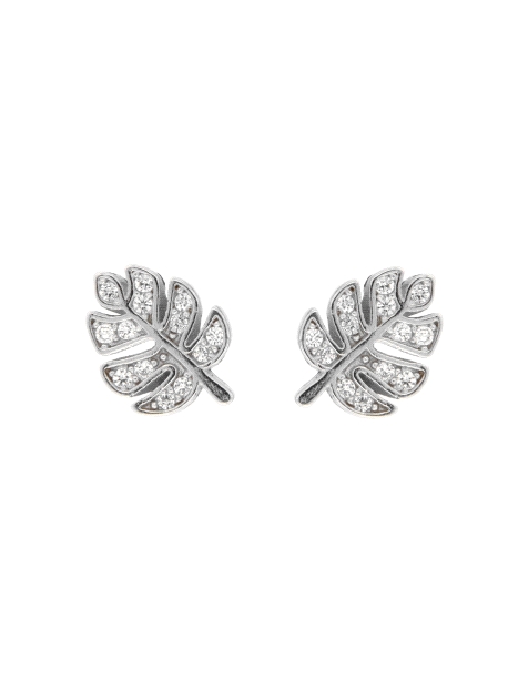Pendientes de presión hoja tropical con circonitas blancas en Plata de Ley 925