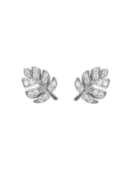 Pendientes de presión hoja tropical con circonitas blancas en Plata de Ley 925