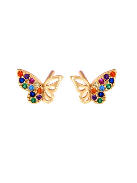 Pendientes de presión dorados mariposa con circonitas de colores en Plata de Ley 925