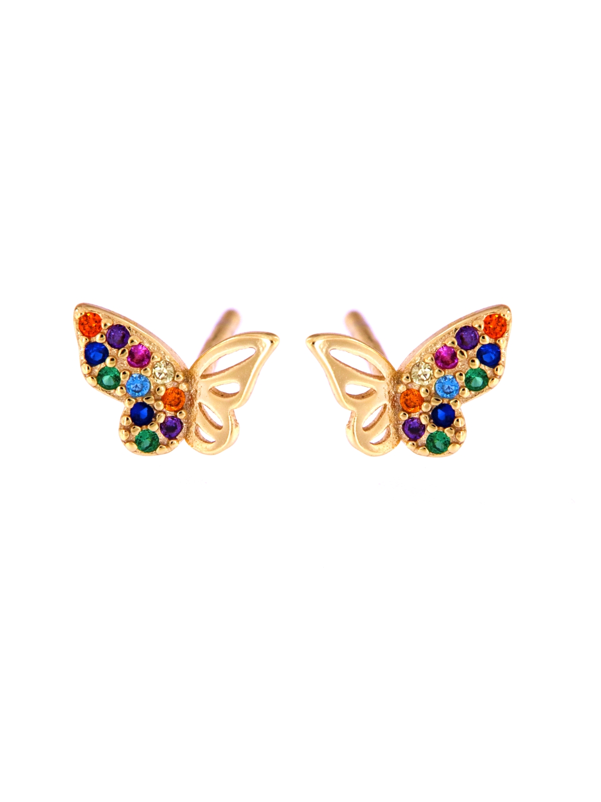 Pendientes de presión dorados mariposa con circonitas de colores en Plata de Ley 925