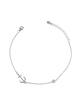 <p>Pulsera de cadenita delgada, decorada con un ancla en plata lisa y un colgantito de una circonita blanca en Plata de Ley 925.