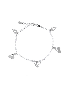 <p>Pulsera de plata finita con colgantitos de siluetas de angelitos y cerezas en plata lisa.  </p>
<p>Plata de primera ley, 925 