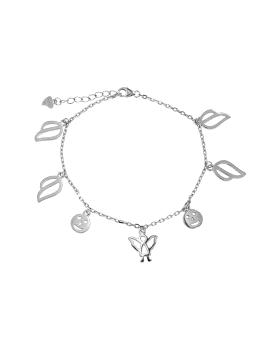 <p>Pulsera de plata finita con colgantitos de siluetas de angelitos y caritas en plata lisa.  </p>
<p>Plata de primera ley, 925 