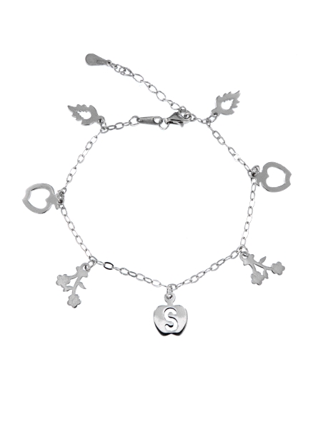 <p>Pulsera de plata finita con colgantitos de siluetas de manzana y flores en plata lisa.  </p>
<p>Plata de primera ley, 925 MM.