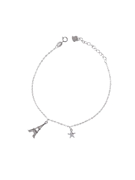 <p>Pulsera de plata finita decorada en un lateral con la forma de la Torre Eiffel con circonitas blancas.  </p>
<p>Plata de prim