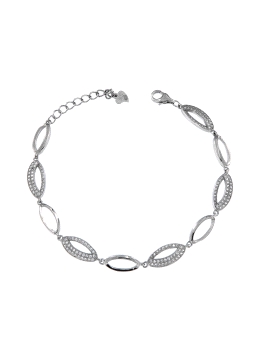 <p>Pulsera de plata entrelazada con adornos y decorada con circonitas blancas.  </p>
<p>Plata de primera ley, 925 MM.</p>
<p>Pla