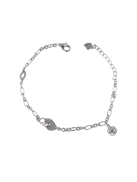 <p>Pulsera de plata entrelazada con adornos y decorada con un detalle en forma de rosa y con circonitas blancas. </p>
<p>Plata d