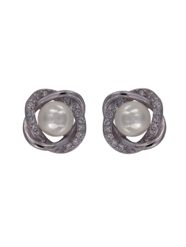 Pendientes de perlas con lazos de circonitas blancas en Plata de Ley 925