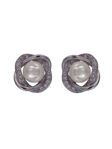 Pendientes de perlas con lazos de circonitas blancas en Plata de Ley 925
