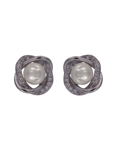 Pendientes de perlas con lazos de circonitas blancas en Plata de Ley 925