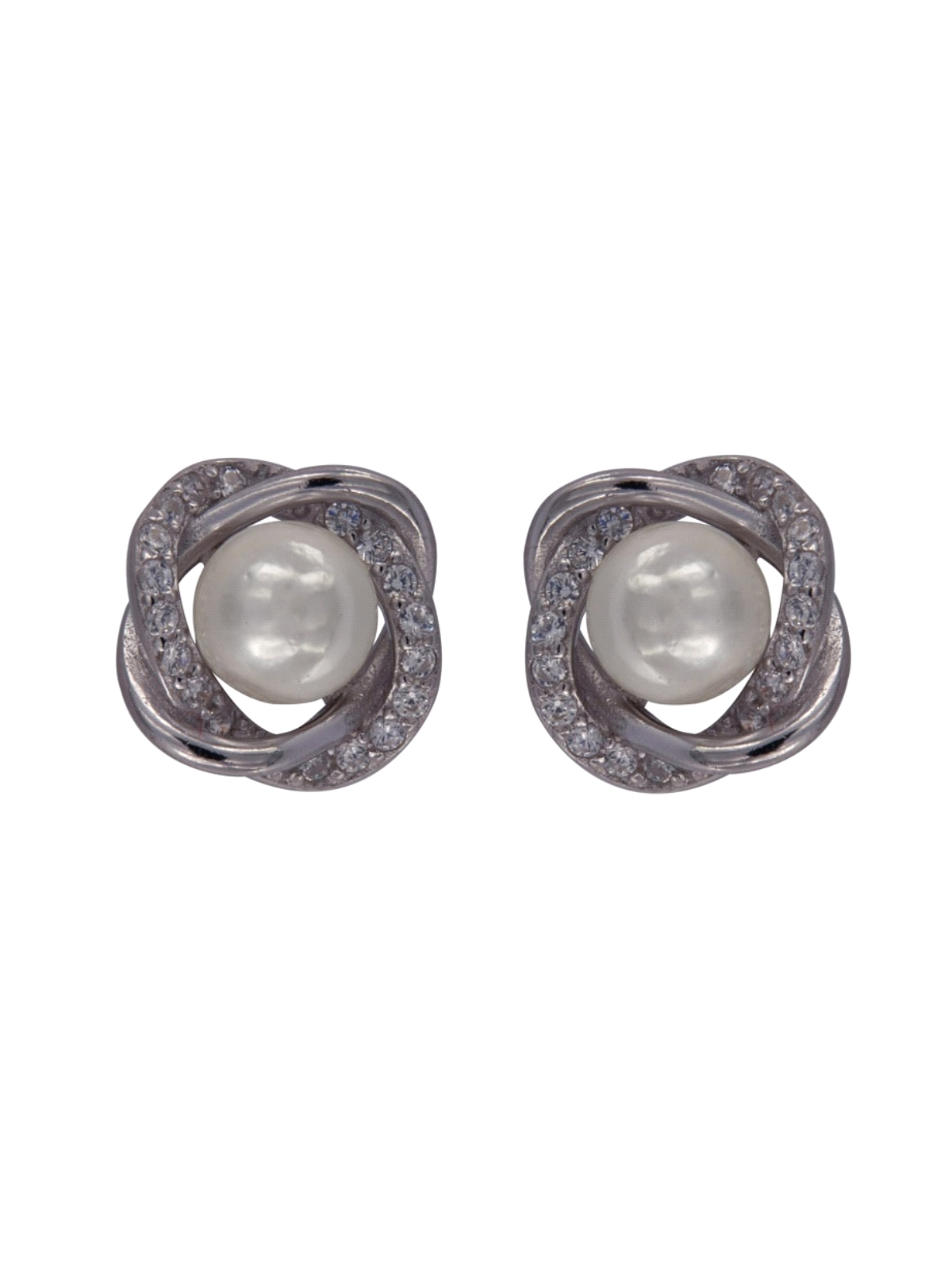 Pendientes de perlas con lazos de circonitas blancas en Plata de Ley 925