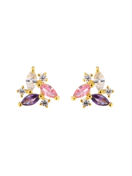 Pendientes de presión dorados con circonitas marqués rosa y lila