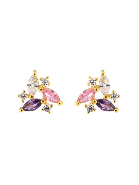 Pendientes de presión dorados con circonitas marqués rosa y lila