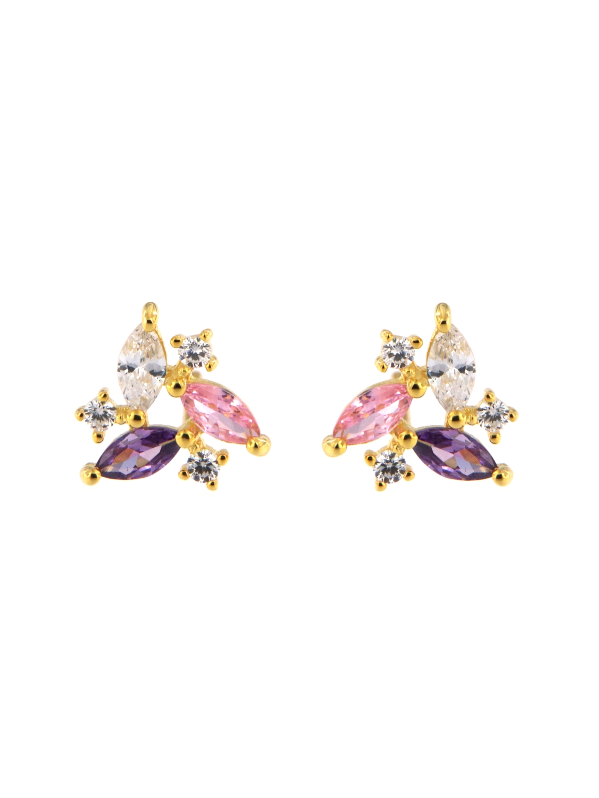 Pendientes de presión dorados con circonitas marqués rosa y lila