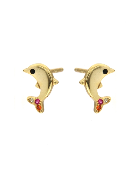Pendientes de presión dorados delfín con circonitas de colores en Plata de Ley 925