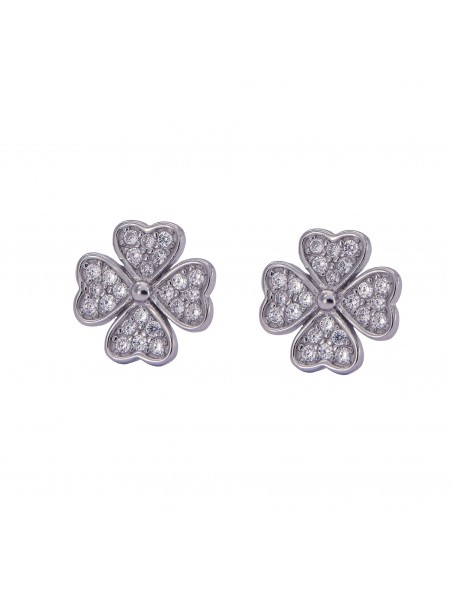 Pendientes de presión trébol de corazones con circonitas blancas en plata