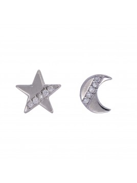Pendientes de presión estrella y luna con circonitas blancas en Plata de Ley 925