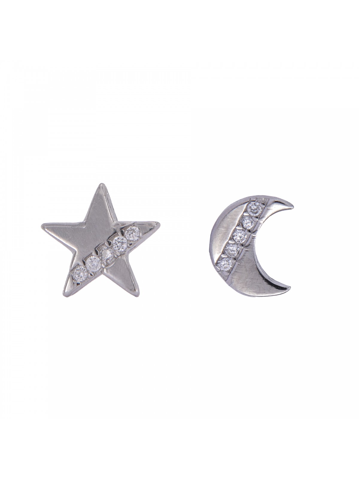 Pendientes de presión estrella y luna con circonitas blancas en Plata de Ley 925