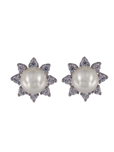 Pendientes de perlas con pétalos de circonitas blancas en Plata de Ley 925