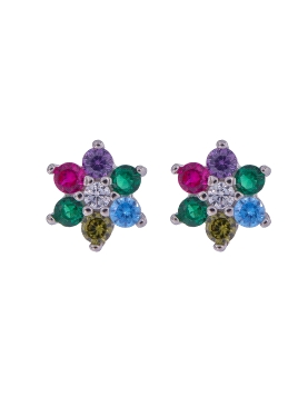 Pendientes de presión flor con circonitas de colores en Plata de Ley 925, medida 8 mm