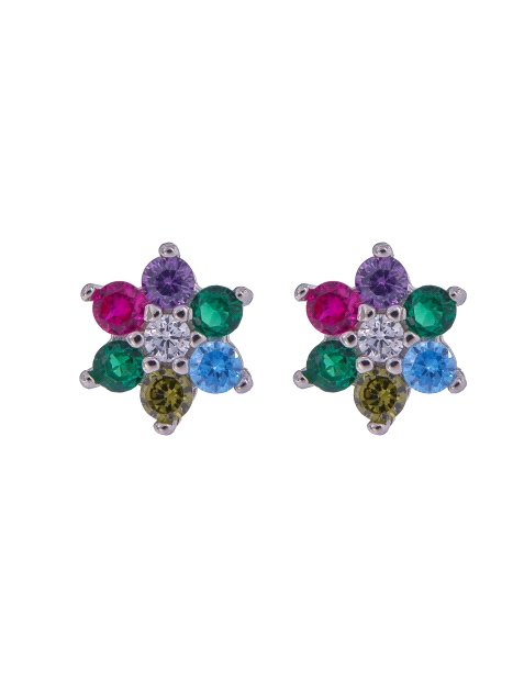 Pendientes de presión flor con circonitas de colores en Plata de Ley 925, medida 8 mm