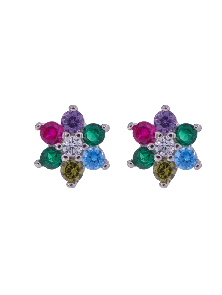 Pendientes de presión flor con circonitas de colores en Plata de Ley 925, medida 8 mm