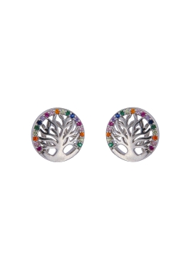 Pendientes de presión árbol de la vida con círculo de circonitas multicolor
