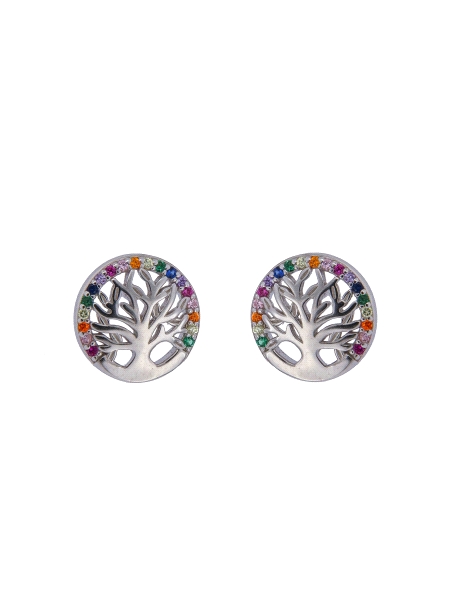 Pendientes de presión árbol de la vida con círculo de circonitas multicolor