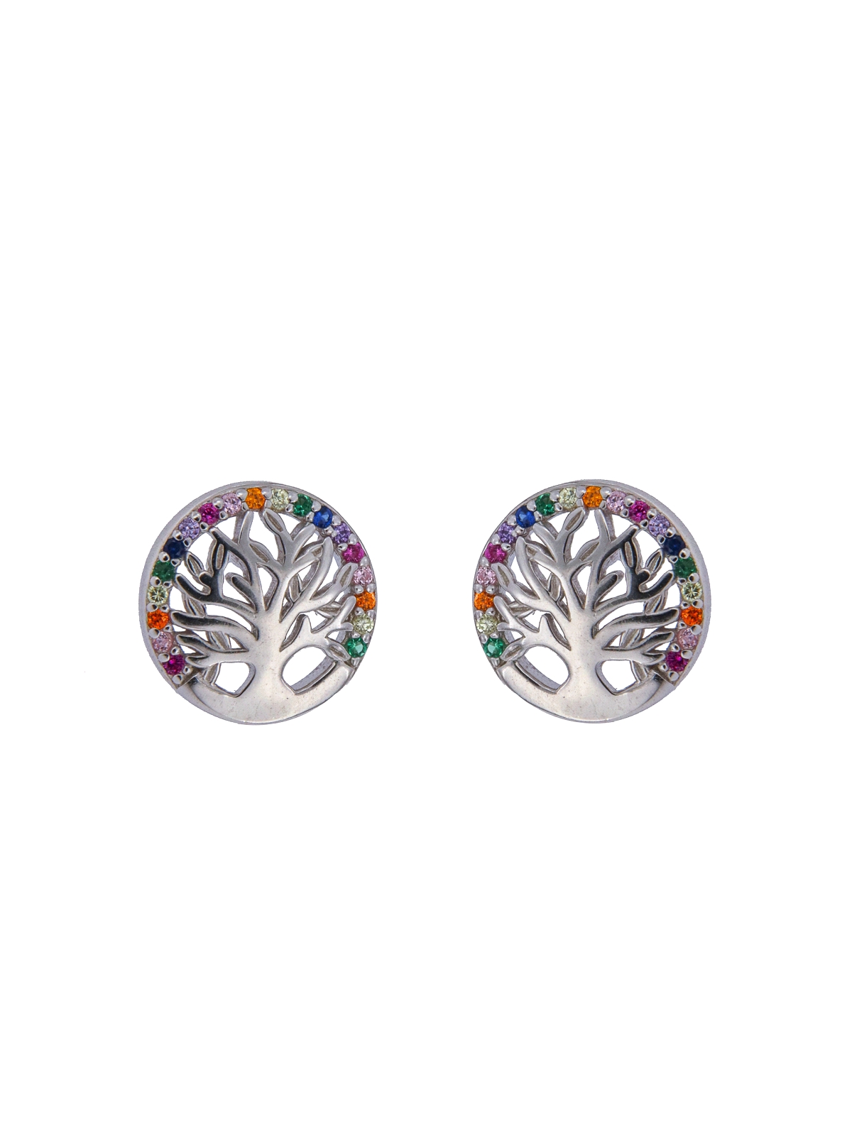 Pendientes de presión árbol de la vida con círculo de circonitas multicolor
