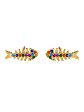 Pendientes de presión dorados raspa de pez con circonitas de colores
