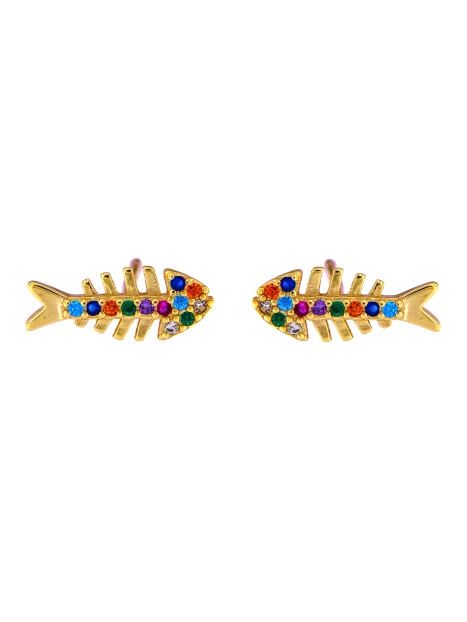 Pendientes de presión dorados raspa de pez con circonitas de colores