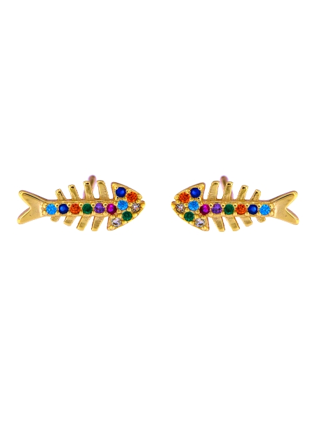 Pendientes de presión dorados raspa de pez con circonitas de colores