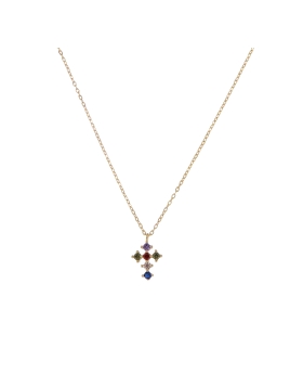 Gargantilla de plata con forma de cruz, adornada con circonitas de colores que le dan un toque vibrante y elegante.



La co