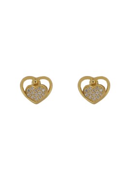 Pendientes de presión dorados doble corazón con circonitas blancas en Plata de Ley 925