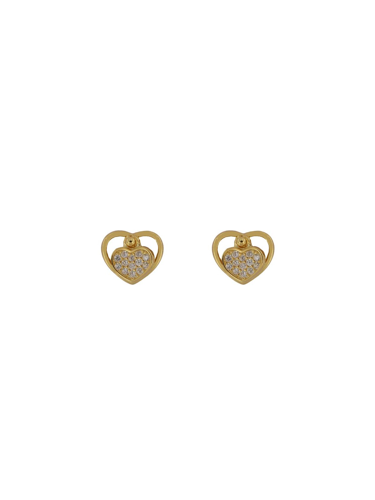 Pendientes de presión dorados doble corazón con circonitas blancas en Plata de Ley 925