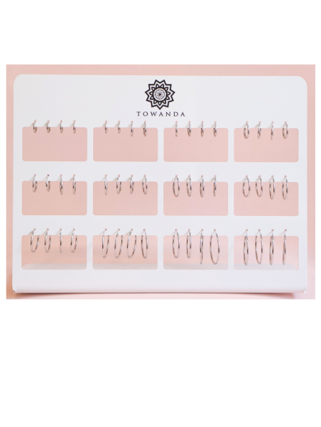 Expositor Aros Lisos Plata 24 Pares con diferentes medidas de aros lisos para joyerías