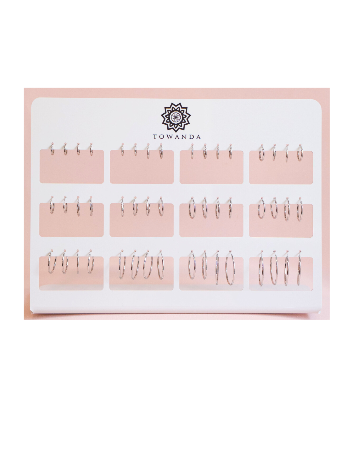 Expositor Aros Lisos Plata 24 Pares con diferentes medidas de aros lisos para joyerías