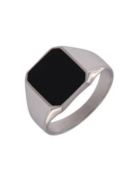 Precioso Anillo de Plata Hojas Lisas en Plata de Primera de Ley. Sello caballero con esmalte negro, en forma cuadrada.