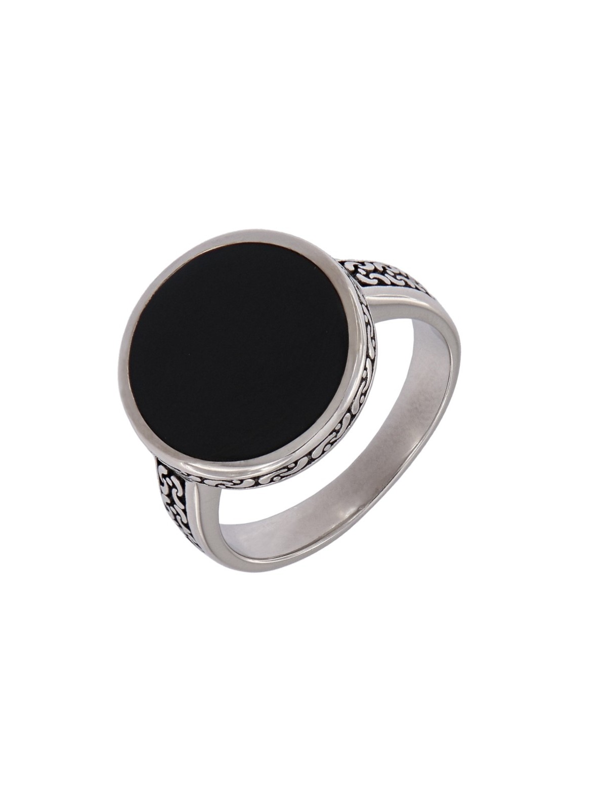 Sello caballero con esmalte negro, en forma redonda con dibujos geometricos. 

Tallas de 14 al 26. 

Plata de Ley 925 MM