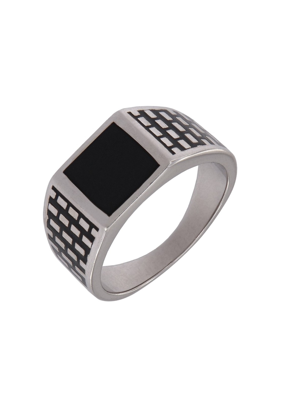 Sello caballero con esmalte negro, en forma cuadrada con dibujos geometricos. 

Tallas de 14 al 26. 

Plata de Ley 925 MM