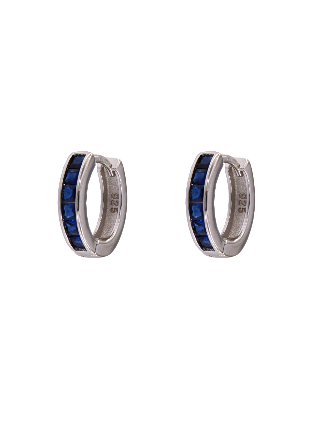 Aros de plata con circonitas color zafiro talla baguette en Plata de Ley 925
